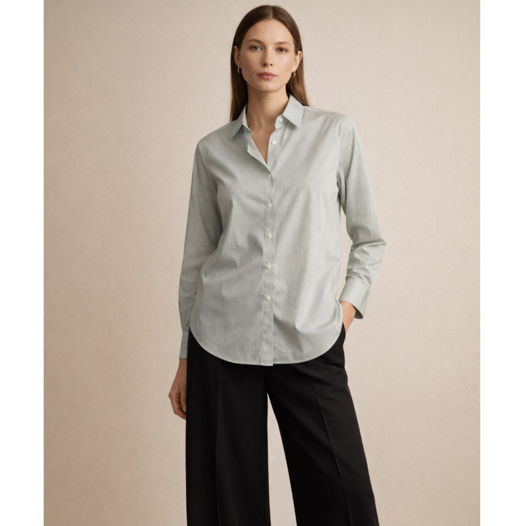 Lafayette 148 Ny Striped Button Down Shirt Cotton Blend Stretch Green Size 12